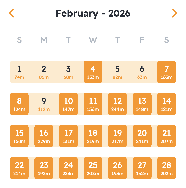My February listening log on Dreaming Spanish, nearly every day filled with one to four hours of input.