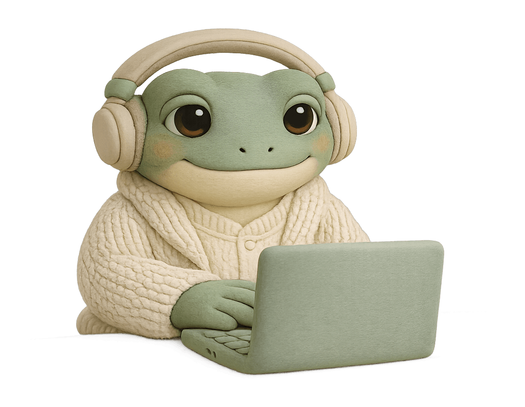 A frog listening with headphones at a laptop.